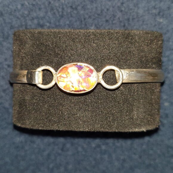 Vintage TAXCO TA-220 Mexico 925 Sterling Silver Opal Art Glass Bangle Bracelet - Picture 4 of 11
